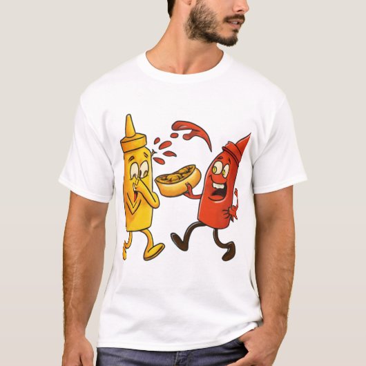 Funny Ketchup and Mustard Cartoon T-Shirt (Voorkant)