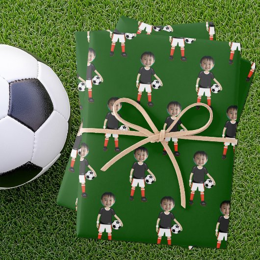 Funny Kids Soccer Player Photo Custom Green Inpakpapier Vel