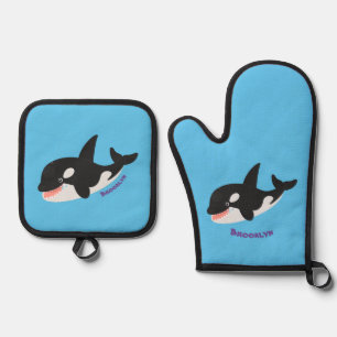 Funny killerwalvis orca leuke cartoon illustratie ovenwant & pannenlap set