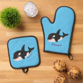 Funny killerwalvis orca leuke cartoon illustratie ovenwant & pannenlap set (Top down)