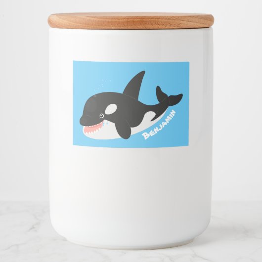 Funny killerwalvis orca leuke cartoon illustratie voedselcontainer etiket (Voorkant)