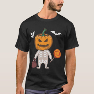 Funny Kind Skeleton Pumpkin Head Snoep T-shirt