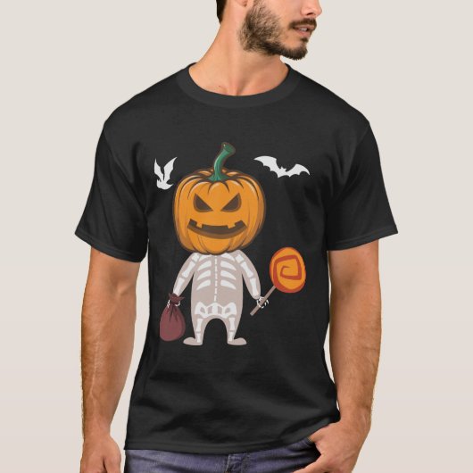 Funny Kind Skeleton Pumpkin Head Snoep T-shirt (Voorkant)