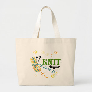 Funny Knitting Gezegde Knit gebeurt. Ball of Yarn Grote Tote Bag