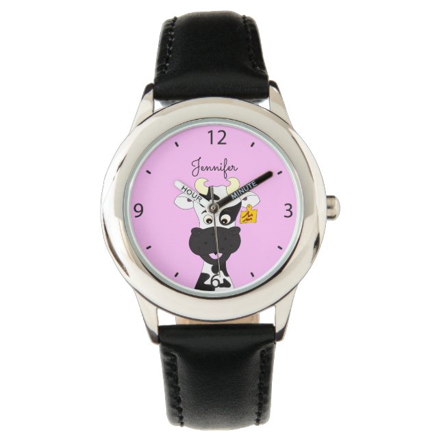 Funny koe cartoon roze naam kinder horloge (Voorkant)