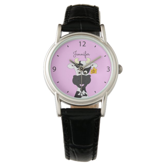 Funny koe cartoon roze naam vrouwenhorloge horloge (Voorkant)