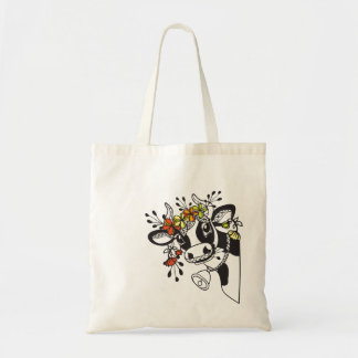 Funny koe kop met bloemen tote bag