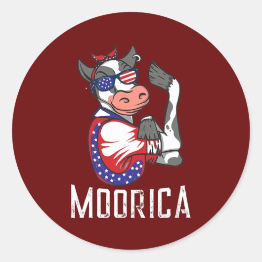 Funny Koe Moorica USA, 4 juli patriottisch Ronde Sticker (Voorkant)