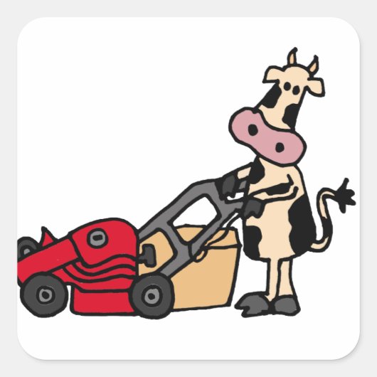 Funny Koe Pushing Red Lawn Mower Cartoon Vierkante Sticker (Voorkant)