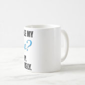 Funny-koffie-mok met lichtblauwe en zwarte tekst koffiemok (Voorkant rechts)