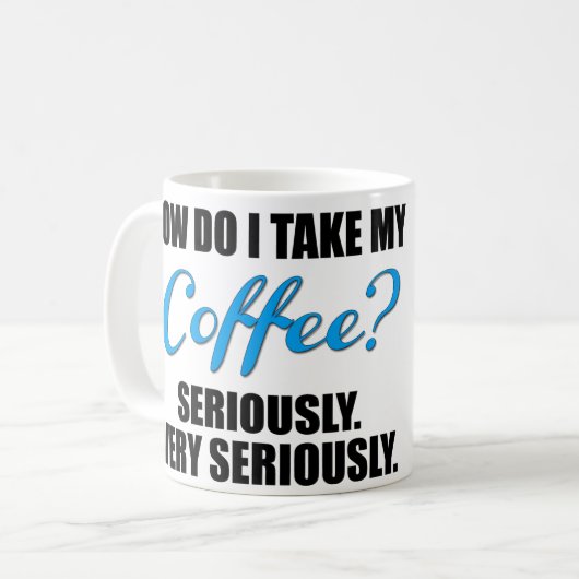 Funny-koffie-mok met lichtblauwe en zwarte tekst koffiemok (Voorkant links)