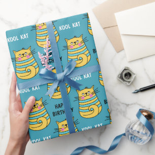 Funny Kool Kat Cartoon Blue Birthday Cadeaupapier