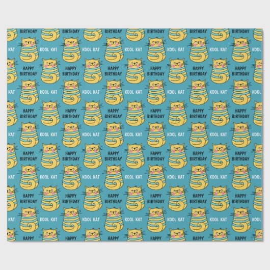 Funny Kool Kat Cartoon Blue Birthday Cadeaupapier (Vlak)