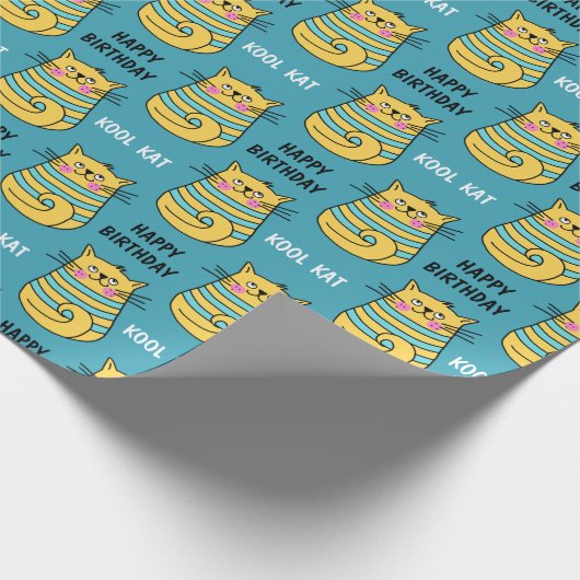 Funny Kool Kat Cartoon Blue Birthday Cadeaupapier (Hoek)