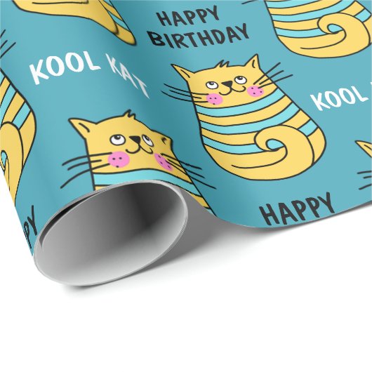 Funny Kool Kat Cartoon Blue Birthday Cadeaupapier (Rol Hoek)