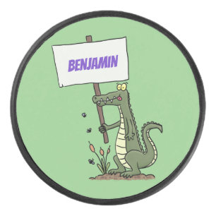 Funny krokodillenuitlijker met gebarentaal cartoon hockey puck