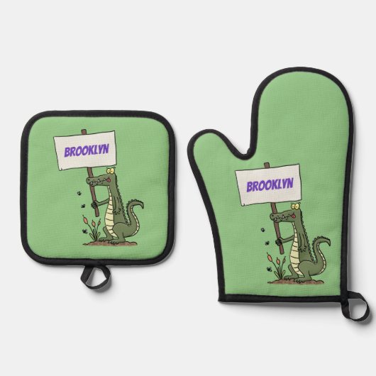 Funny krokodillenuitlijker met gebarentaal cartoon ovenwant & pannenlap set (Voorkant)