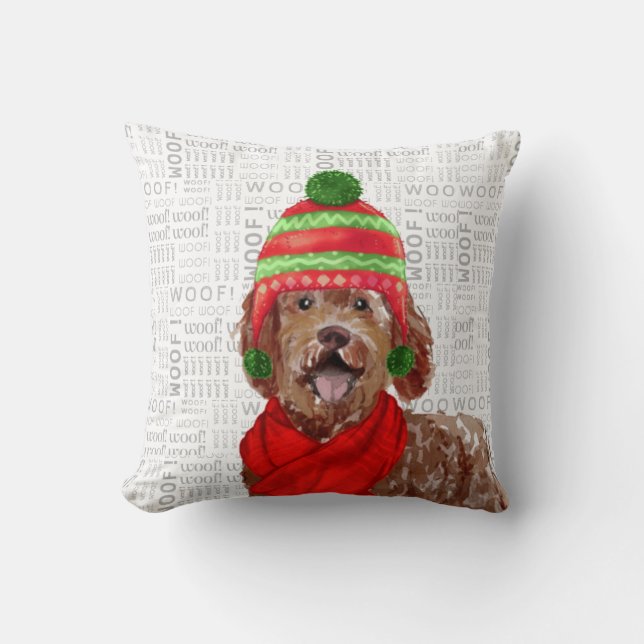 Funny Labradoodle Dog Waterverf Kerstmis Kussen (Voorkant)