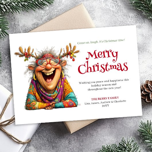 Funny Lady Christmas Card Digital Custom Design Feestdagenkaart