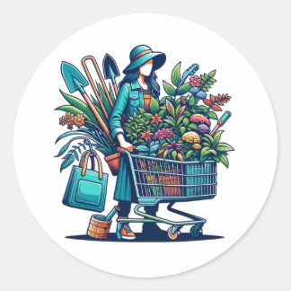 Funny Lady met winkelwagen vol Planten Ronde Sticker
