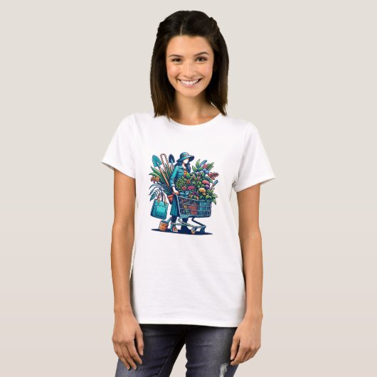 Funny Lady met winkelwagen vol Planten T-shirt (Voorkant volledig)