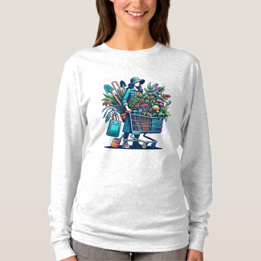 Funny Lady met winkelwagen vol Planten T-shirt (Voorkant)