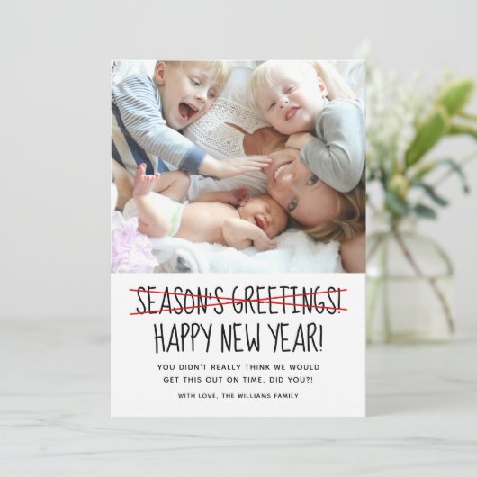 Funny Late Happy Nieuwjaar Holiday Card Feestdagenkaart (Staand voorkant)