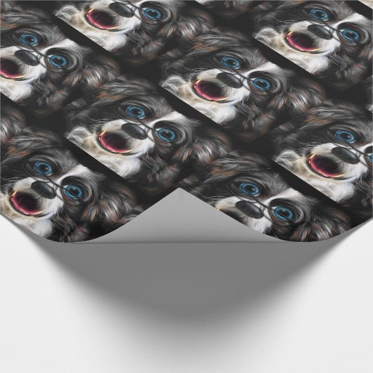 Funny Laughing Border Collie Dog in Glasses Cadeaupapier (Hoek)
