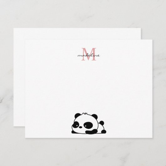 Funny Laying Panda Script Pink Monogram Notitiekaartje (Voorkant / Achterkant)
