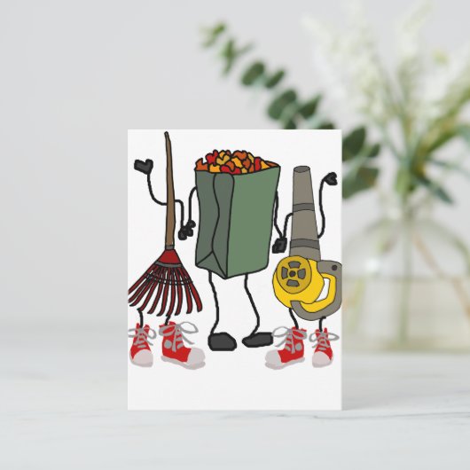 Funny Leaf Bgloing Yard Work Cartoon Characters Briefkaart (Staand voorkant)