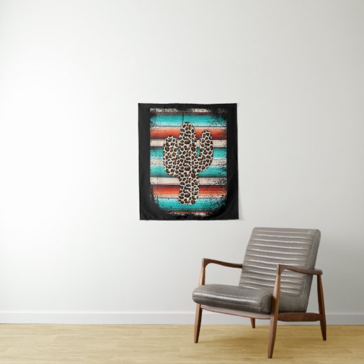 Funny Leopard Cactus Serape Cactus print Turquoise Wandkleed (In situ)