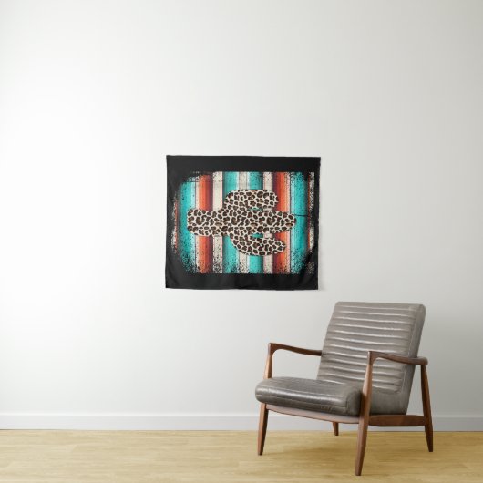 Funny Leopard Cactus Serape Cactus print Turquoise Wandkleed (In Situ (horizontaal))