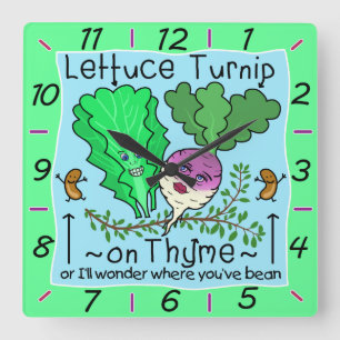 Funny Lettuce Turnip Thyme Vegetable Pun Cartoon Vierkante Klok