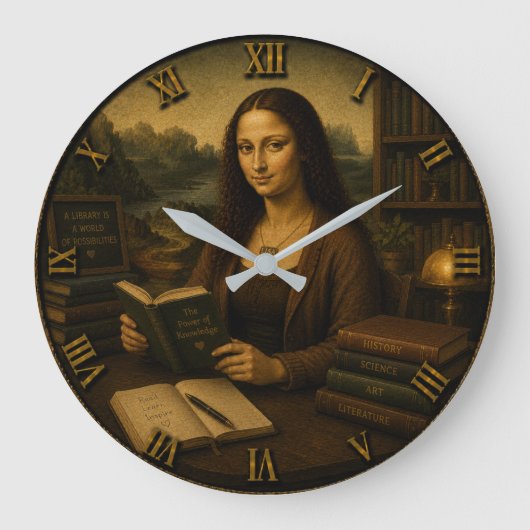 Funny Librarian Mona Lisa Library Lover Gift Grote Klok (Voorkant)