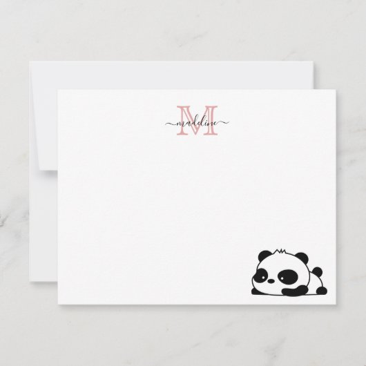Funny Liggende Panda Script Roze Moderne Monogram Notitiekaartje (Voorkant)