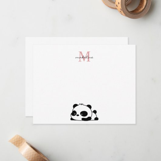Funny Liggende Panda Script Roze Monogram Notitiekaartje (Voorkant / Achterkant in situ)