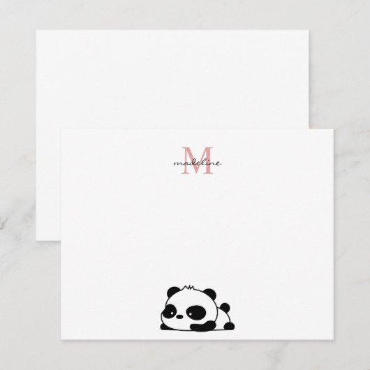 Funny Liggende Panda Script Roze Monogram Notitiekaartje (Voorkant / Achterkant)