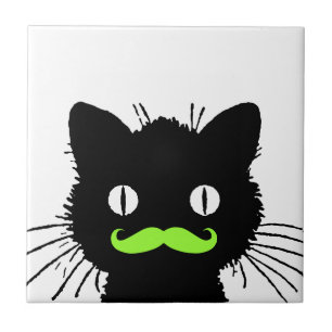 FUNNY LIME GREEN MUSTACHE  BLACK CAT TEGELTJE