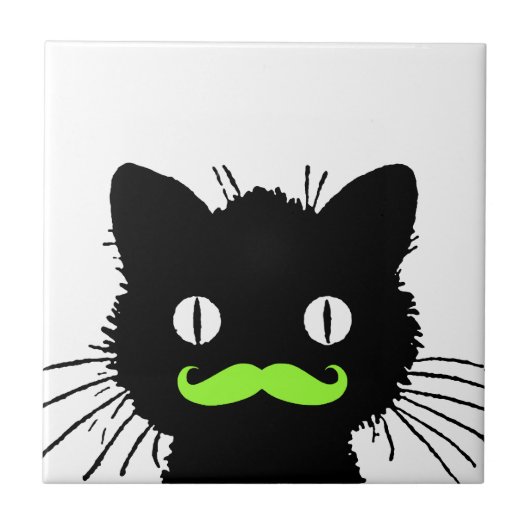 FUNNY LIME GREEN MUSTACHE  BLACK CAT TEGELTJE (Voorkant)