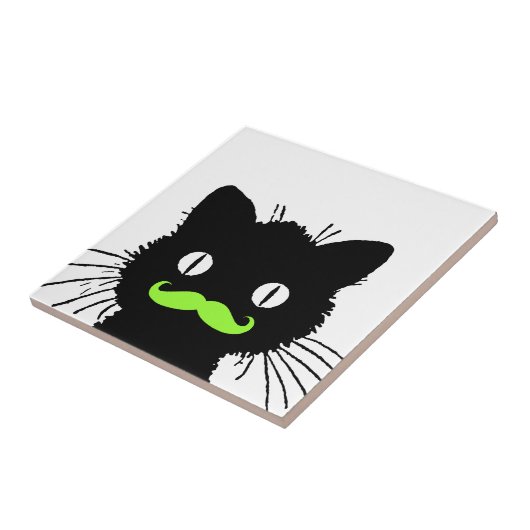FUNNY LIME GREEN MUSTACHE  BLACK CAT TEGELTJE (Zijkant)