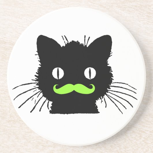FUNNY LIME GREEN MUSTACHE  BLACK CAT ZANDSTEEN ONDERZETTER (Voorkant)