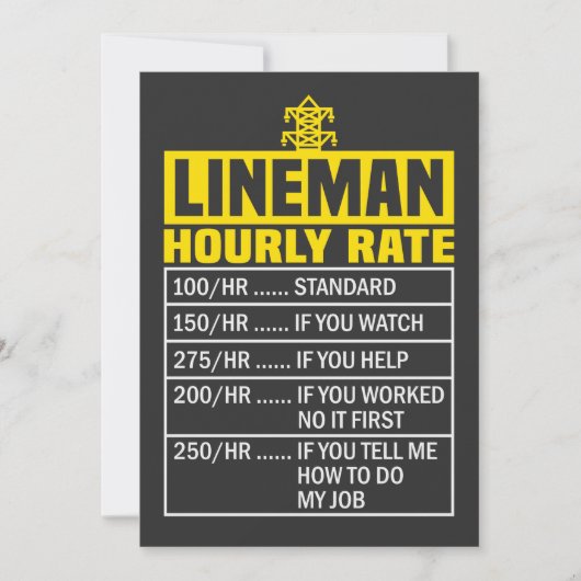 Funny Lineman Hourly Rate Invitation Kaart (Voorkant)