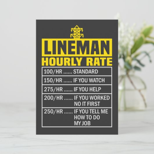 Funny Lineman Hourly Rate Invitation Kaart (Staand voorkant)