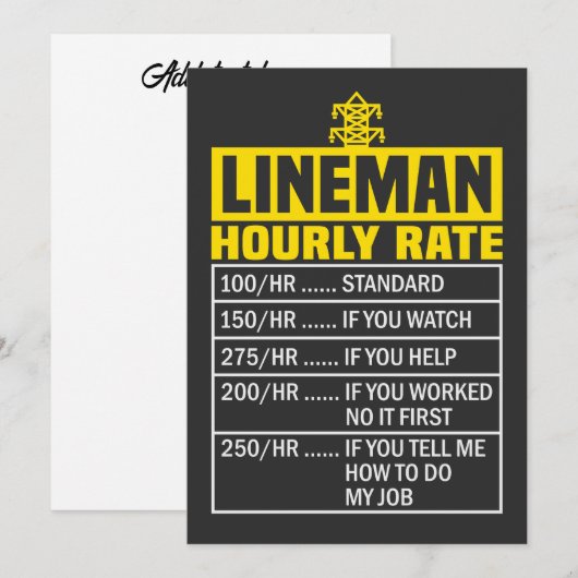 Funny Lineman Hourly Rate Invitation Kaart (Voorkant / Achterkant)