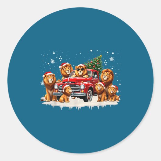 Funny Lion Riding Christmas Tree Truck Christmas  Ronde Sticker (Voorkant)