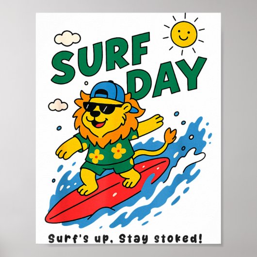Funny Lion Surfing Summer Vacation Surf Day Boys G Poster (Voorkant)