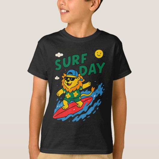 Funny Lion Surfing Summer Vacation Surf Day Boys G T-shirt (Voorkant)