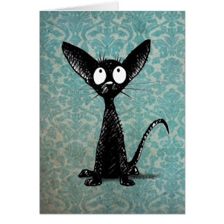 Funny Little Black Cat op Blue Damask