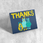 Funny Little Cartoon Monsters Jongens Verjaardag Bedankkaart<br><div class="desc">Dit zijn schattige bedankpassen die perfect zijn voor kleine jongetjes met hun leuke illustraties van geile cartoon monsters. De woorden "BEDANKT" worden gespeld in bijpassende donkergele letters boven de afbeelding. De binnenkant van de kaart is leeg zodat u uw eigen bericht kunt schrijven.</div>