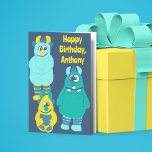 Funny Little Cartoon Monsters Jongens Verjaardag Kaart<br><div class="desc">Dit gepersonaliseerde wenskaart is perfect voor jongensverjaardagen. Het bevat schattige cartoon stijl illustraties van goofy monsters met je eigen aangepaste bericht op de voorkant en aan de binnenkant.</div>